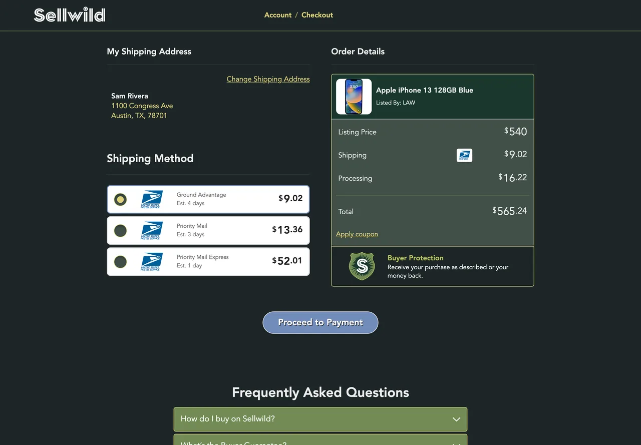 Step one of checkout for an iPhone, with rates from USPS