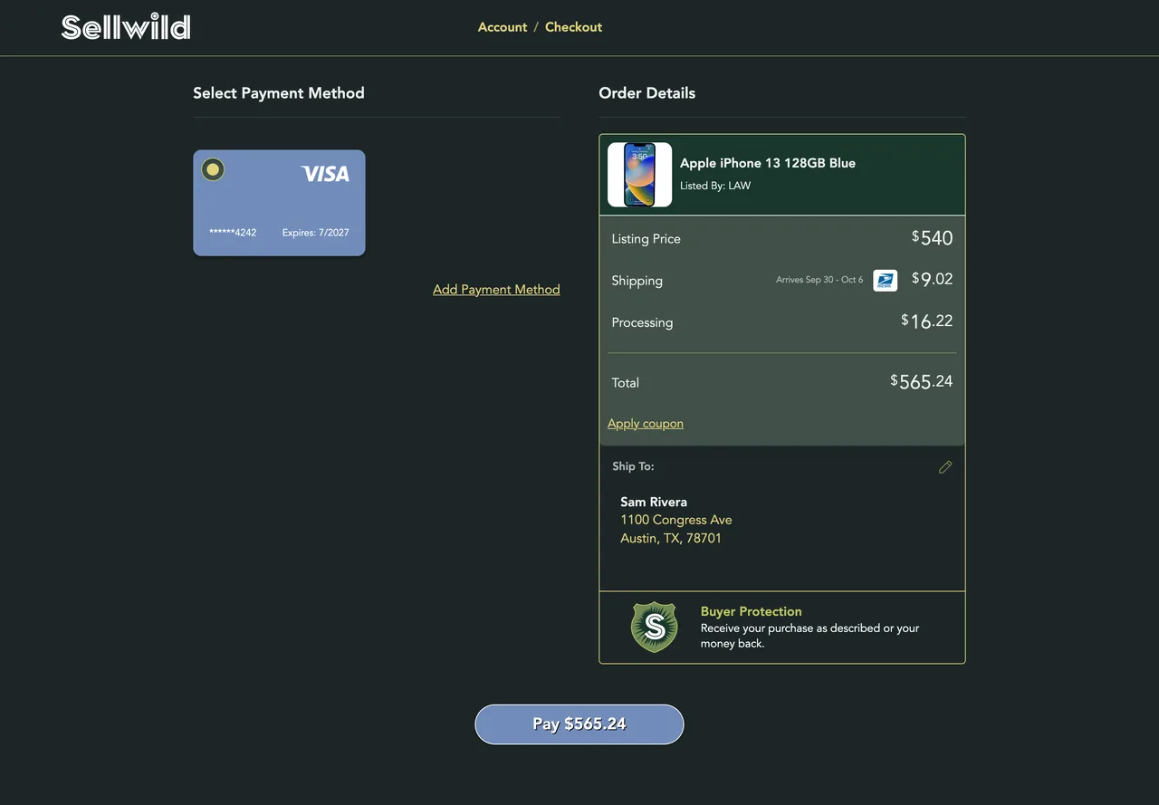 Step two: a Visa ready to use and the button with the amount on it