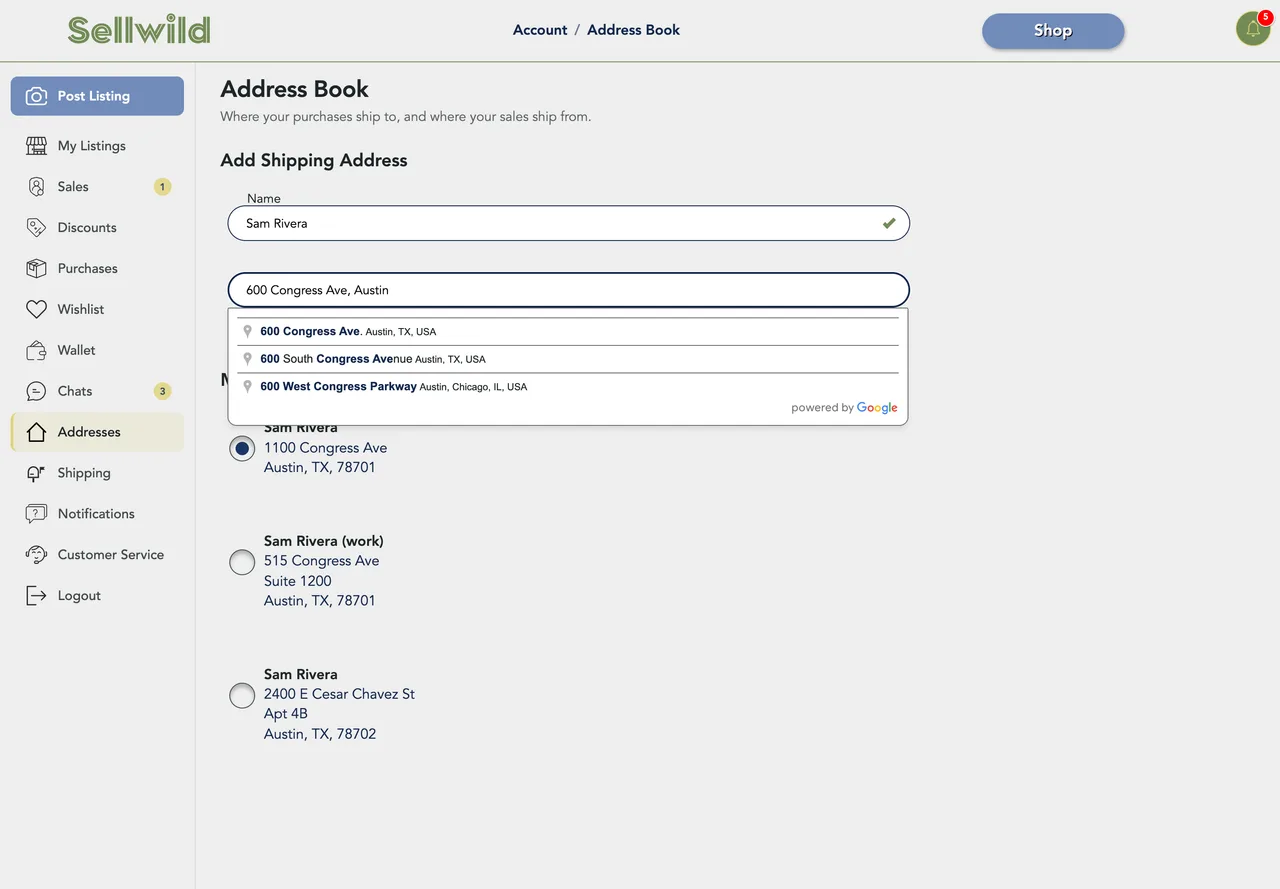 The Add Shipping Address form with a name typed and address suggestions showing