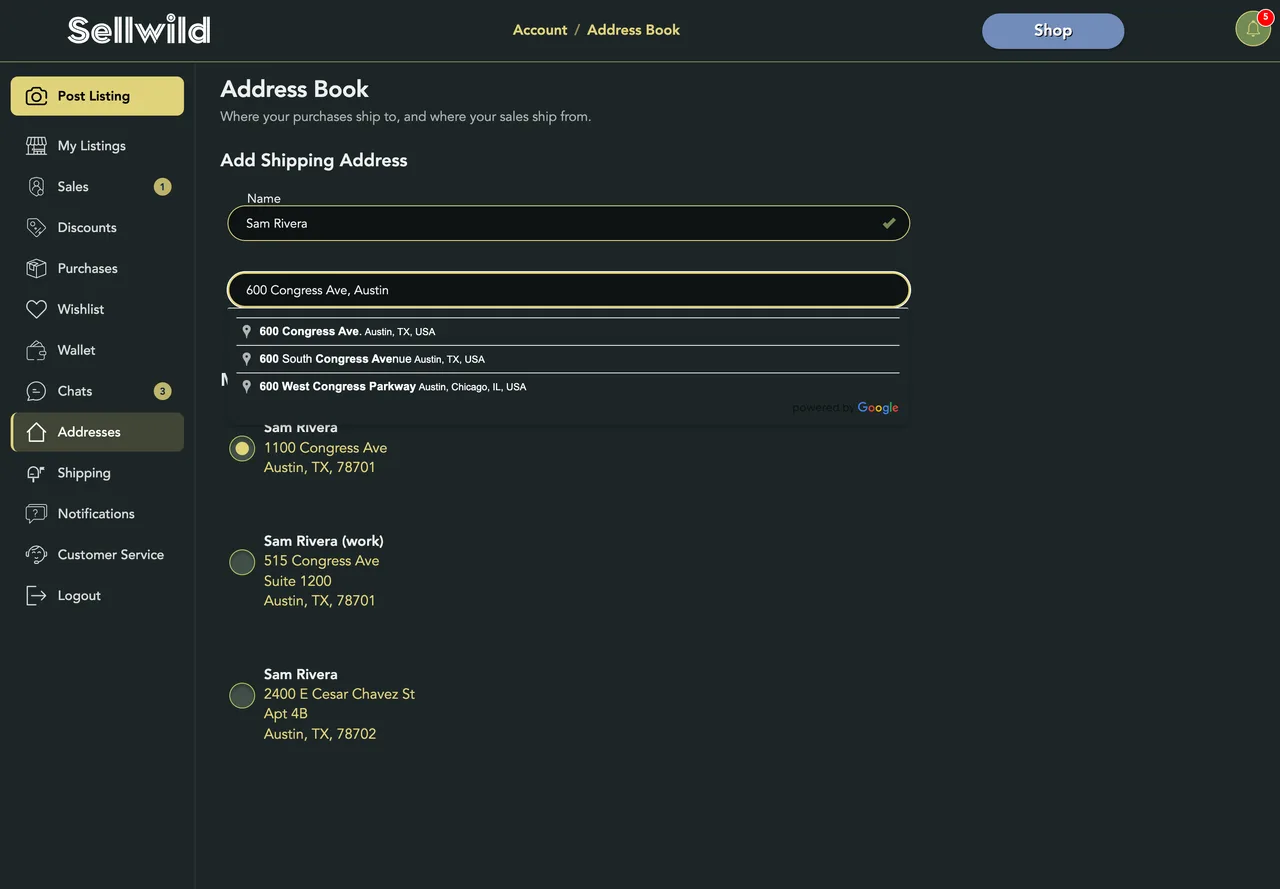 The Add Shipping Address form with a name typed and address suggestions showing
