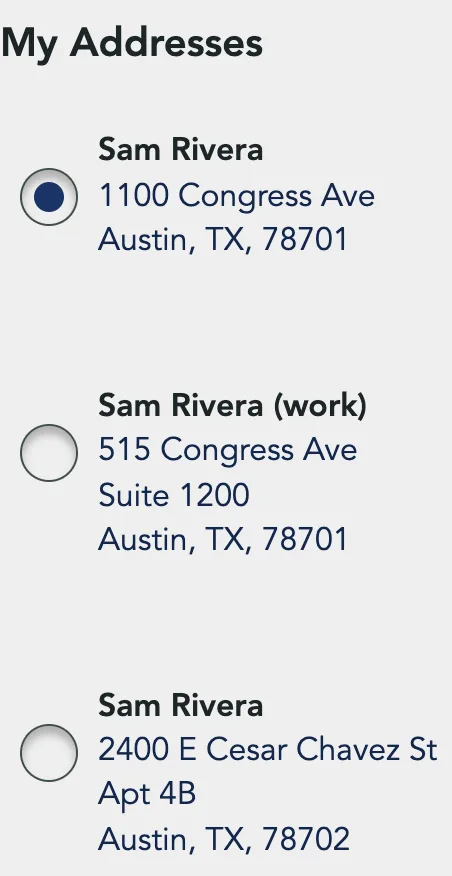 My Addresses with the default address first and its circle filled in