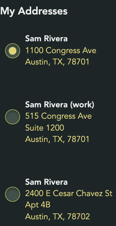 My Addresses with the default address first and its circle filled in