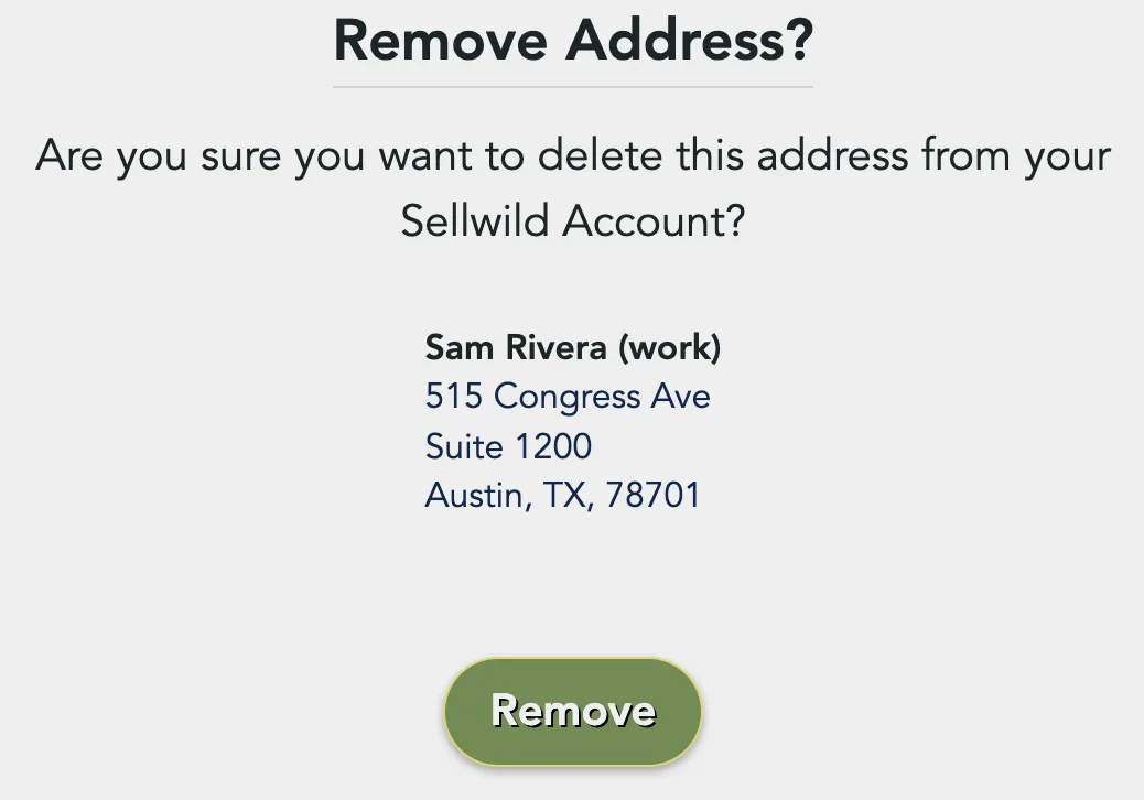 The Remove Address? box showing the address and its Remove button