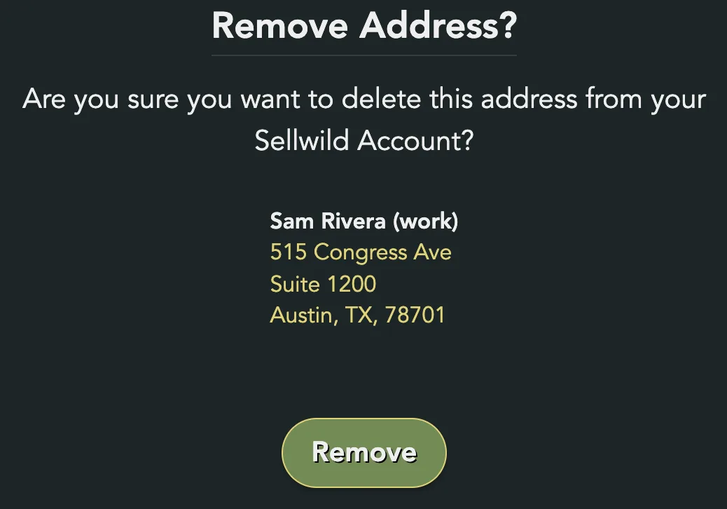 The Remove Address? box showing the address and its Remove button