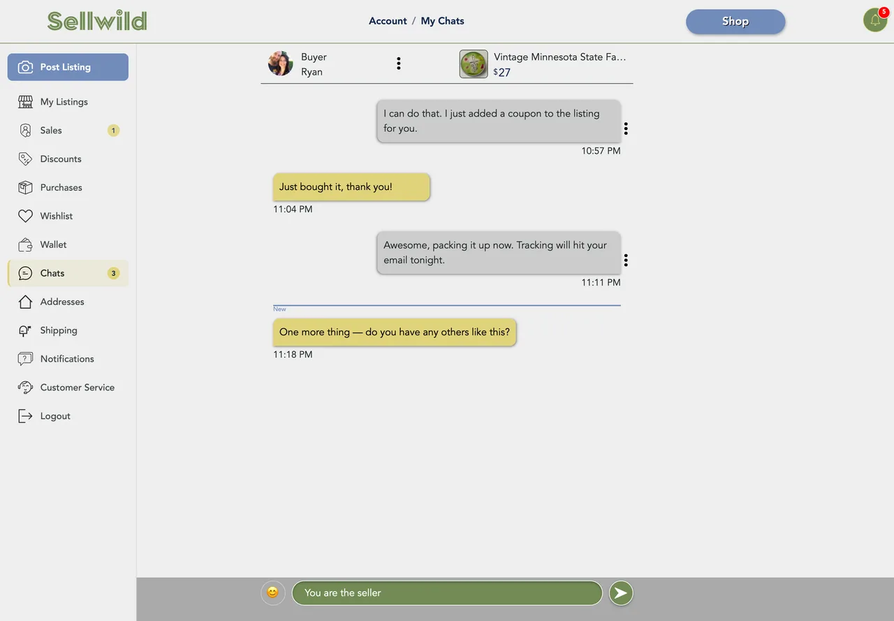 An open conversation, with the person and the listing above the thread