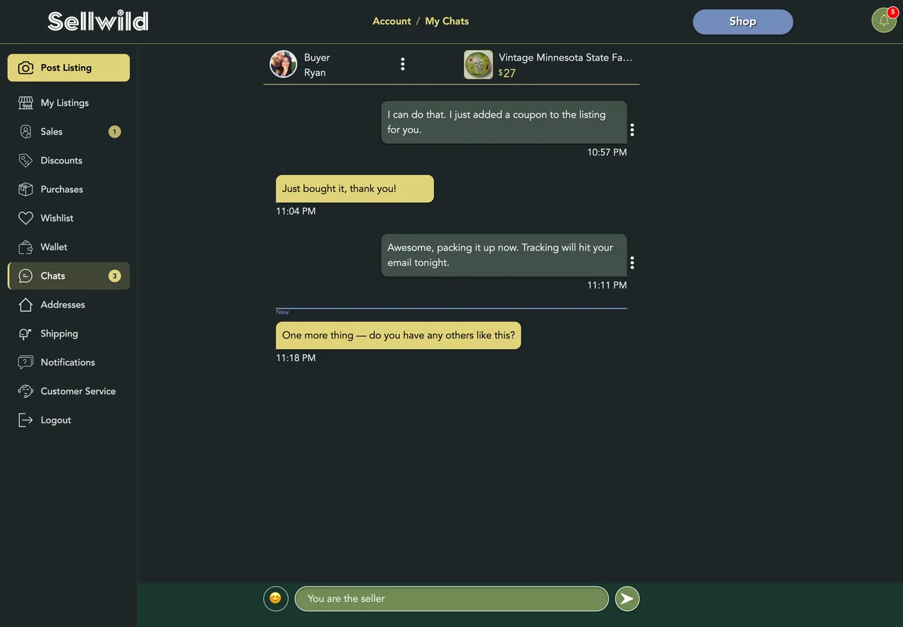 An open conversation, with the person and the listing above the thread