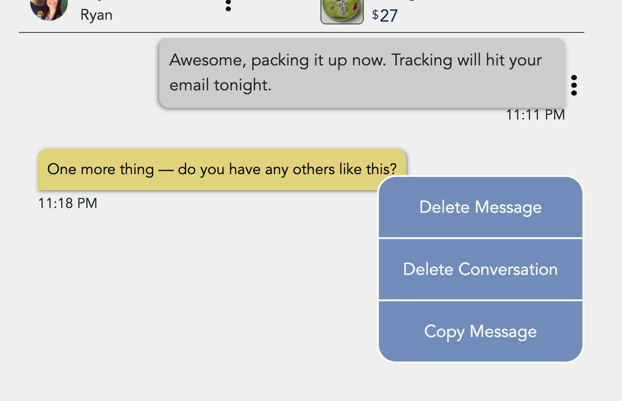 Your own message's menu: Delete Message, Delete Conversation and Copy Message