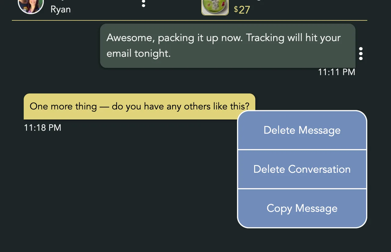 Your own message's menu: Delete Message, Delete Conversation and Copy Message