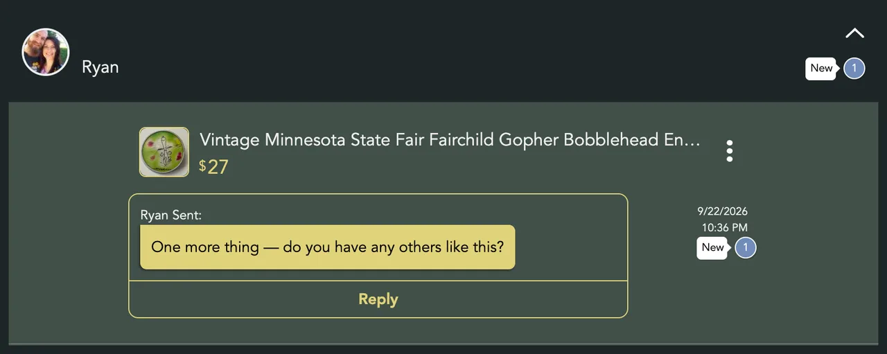 A person's row opened, showing the listing, their last message and a New badge