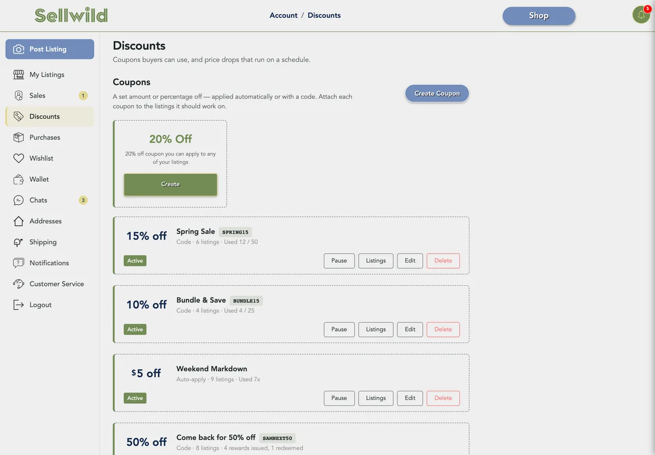 The Discounts page: the Coupons heading with Create Coupon, a 20% Off preset, and the coupon cards below