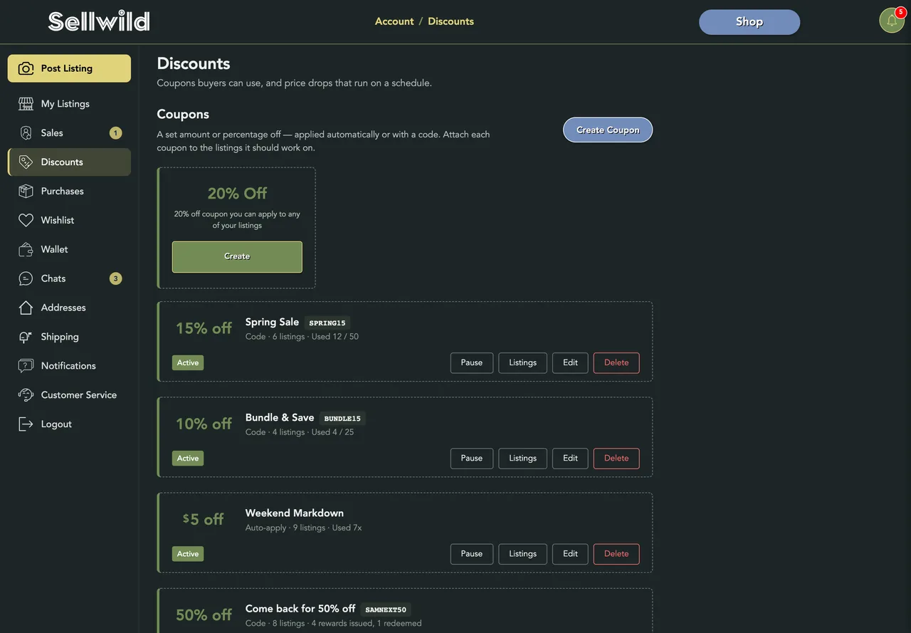 The Discounts page: the Coupons heading with Create Coupon, a 20% Off preset, and the coupon cards below