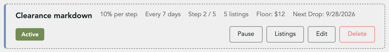 The Clearance markdown card: 10% per step, Every 7 days, Step 2 / 5, 5 listings, Floor: $12, Next Drop, Active