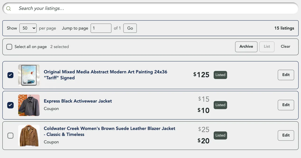 Two rows ticked, and the bar above them reading 2 selected, with Archive lit and List greyed out