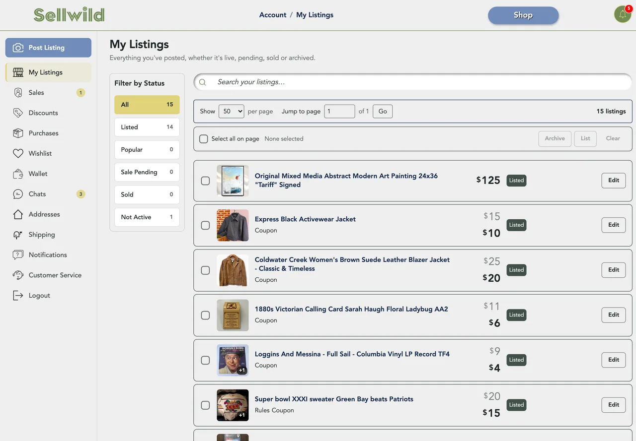 My Listings: Filter by Status on the left, the search box and page controls above the rows