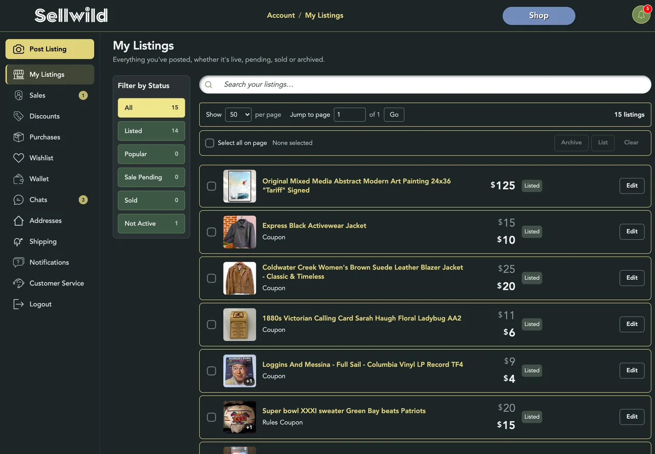 My Listings: Filter by Status on the left, the search box and page controls above the rows