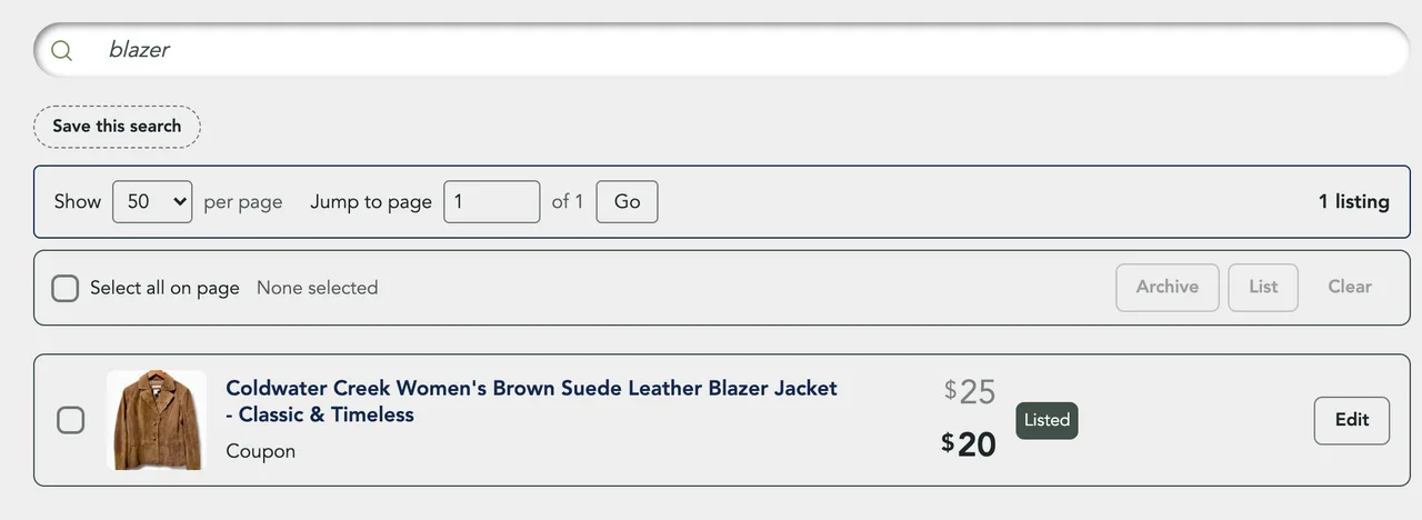 A search for blazer with the Save this search button under the box