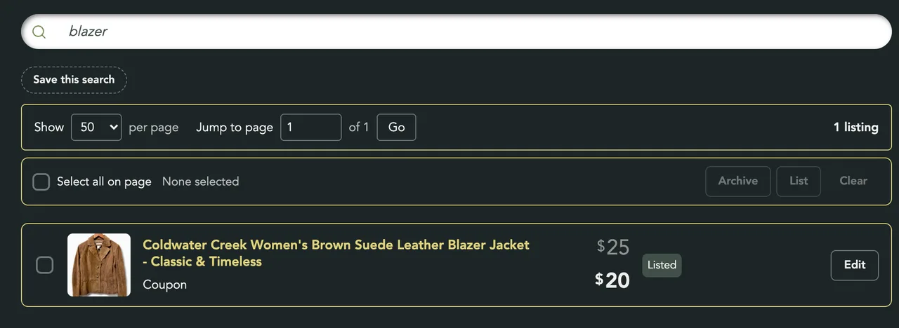 A search for blazer with the Save this search button under the box