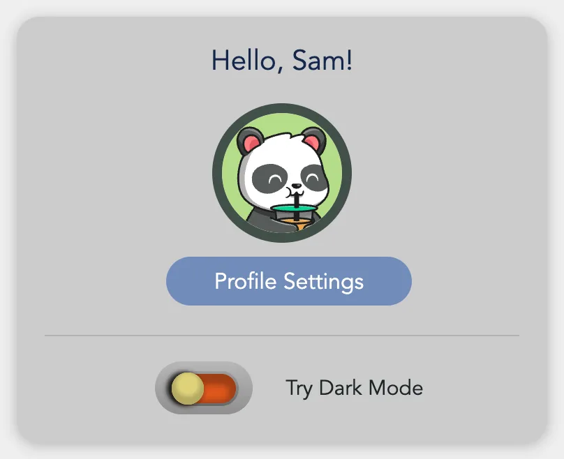 The My Account card: Hello, Sam!, the profile photo, Profile Settings and the dark mode switch