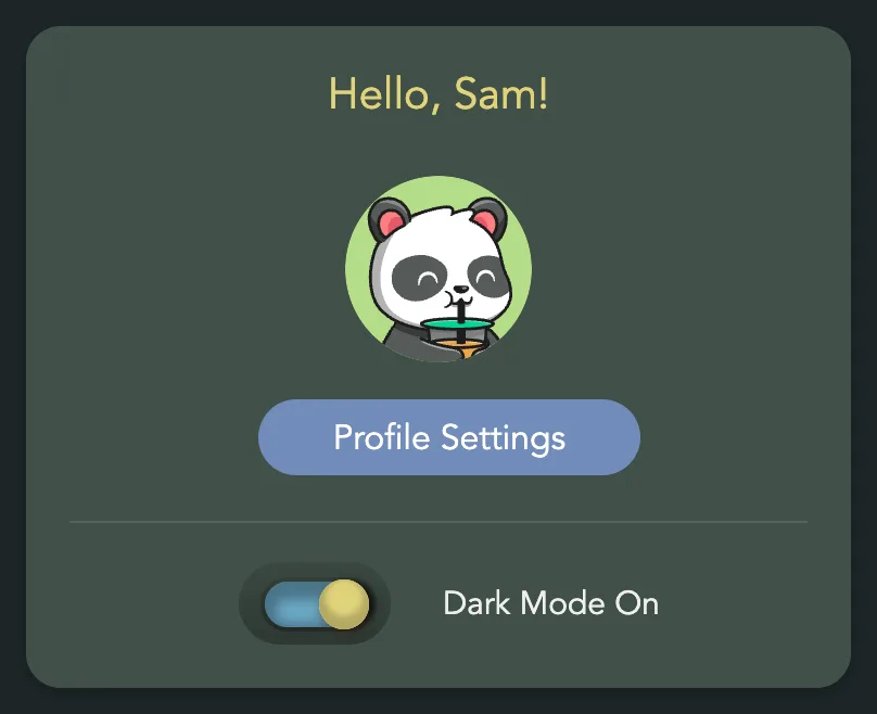 The My Account card: Hello, Sam!, the profile photo, Profile Settings and the dark mode switch