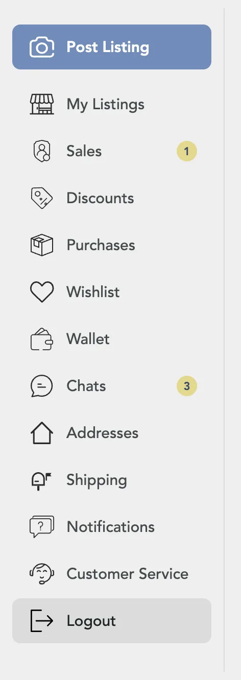 The account menu from Post Listing down to Customer Service and Logout