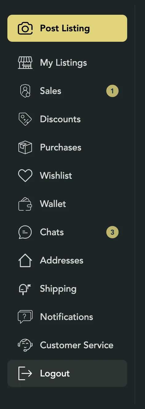 The account menu from Post Listing down to Customer Service and Logout