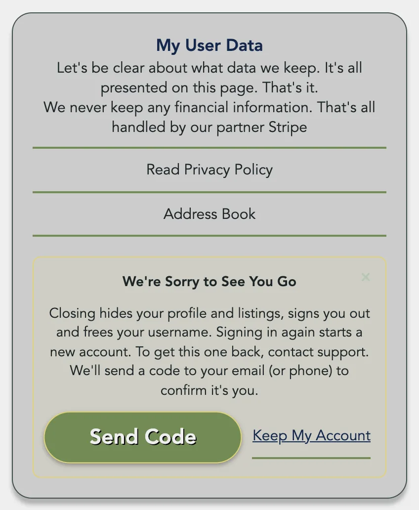My User Data with the We're Sorry to See You Go box open, Send Code and Keep My Account