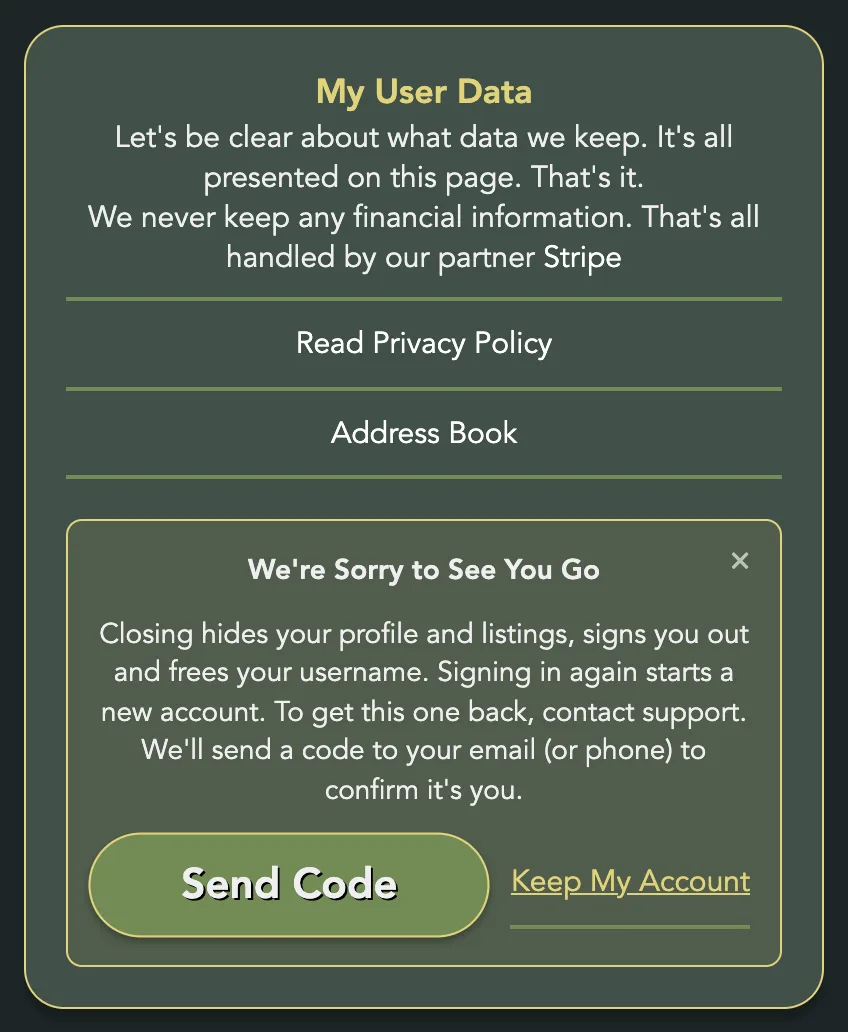 My User Data with the We're Sorry to See You Go box open, Send Code and Keep My Account