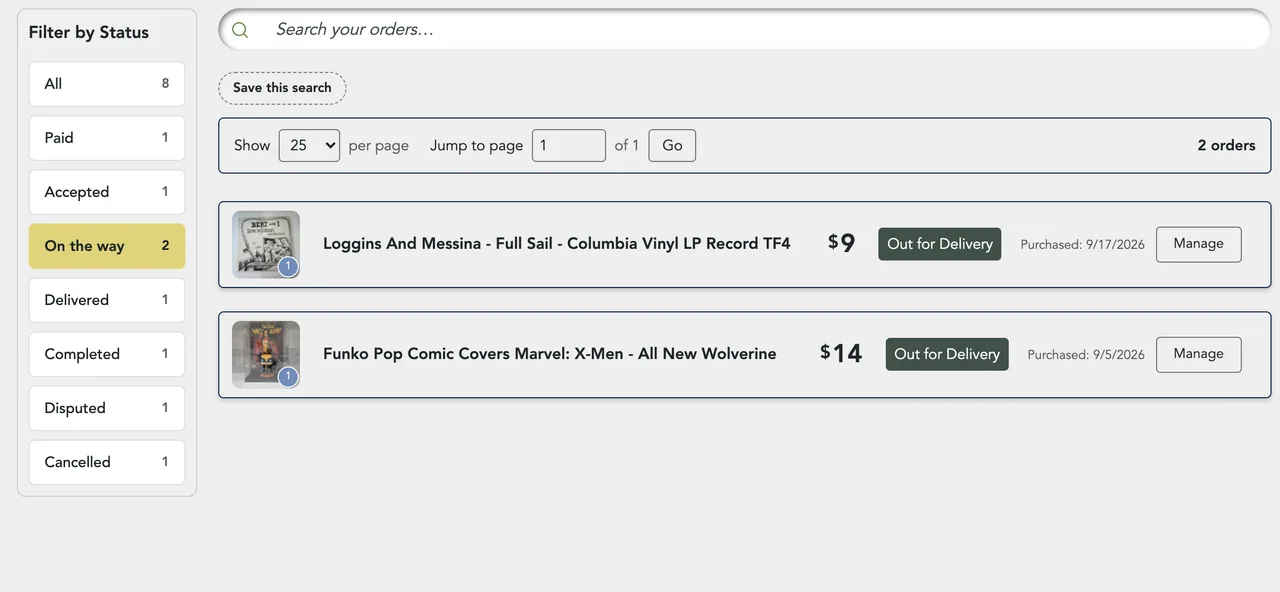 The On the way filter picked, with the Save this search button and two orders