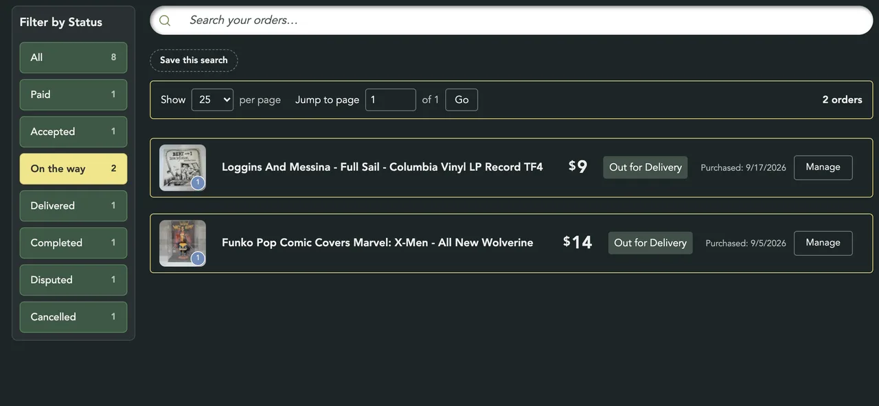 The On the way filter picked, with the Save this search button and two orders