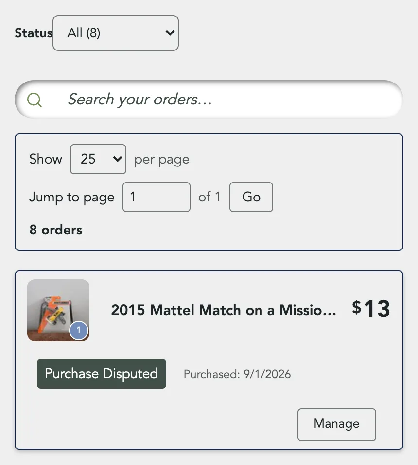 My Purchases on a phone, with the Status drop-down above the orders