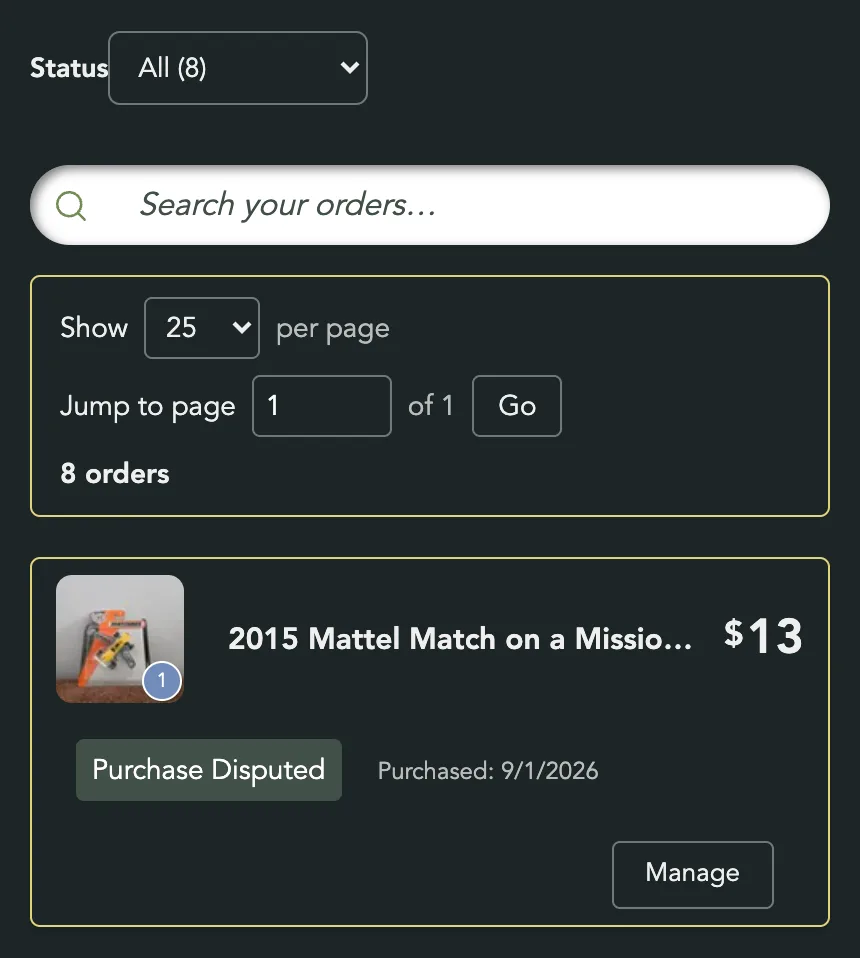 My Purchases on a phone, with the Status drop-down above the orders
