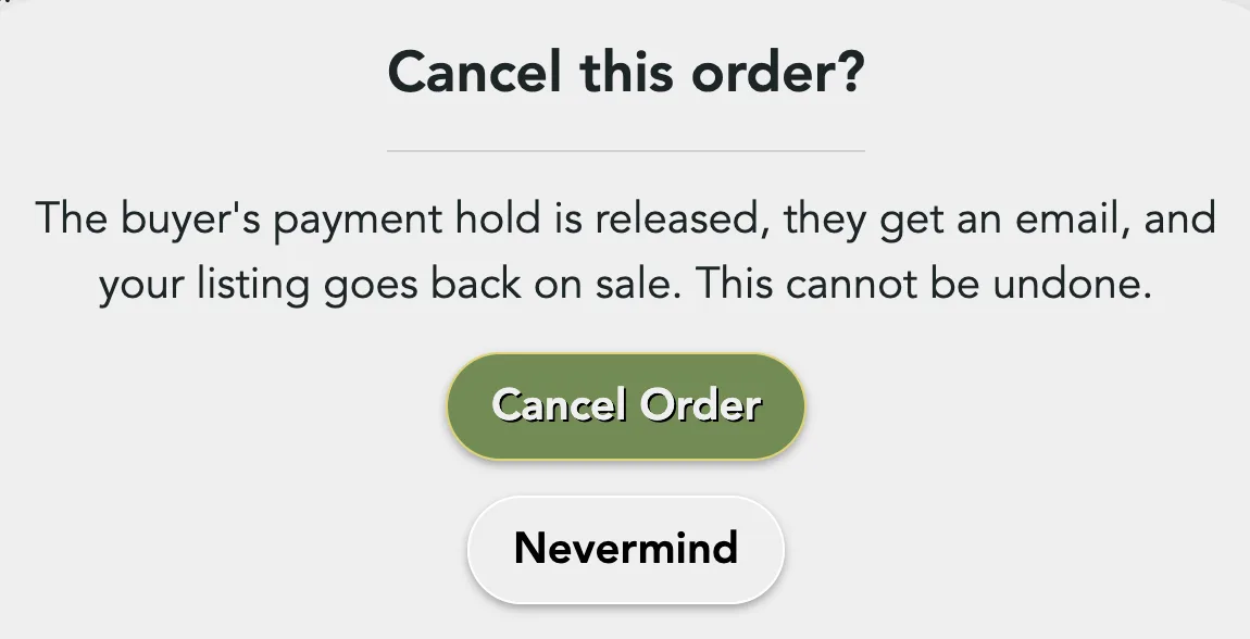 The Cancel this order? box with the Cancel Order and Nevermind buttons