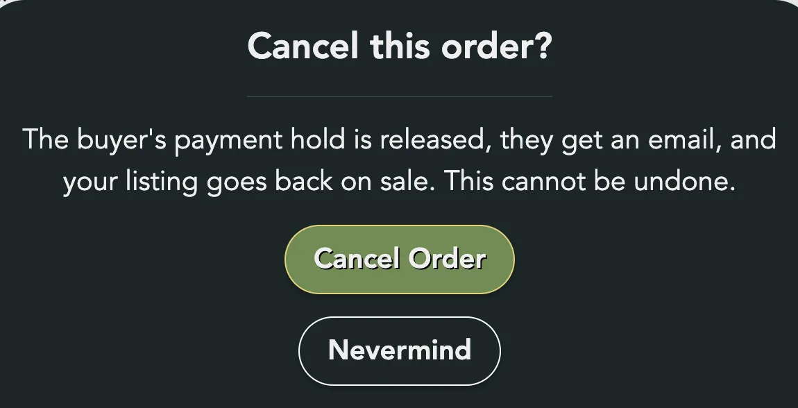The Cancel this order? box with the Cancel Order and Nevermind buttons