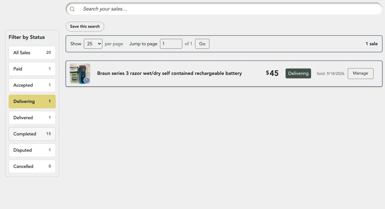 The Delivering view: one order, and a button to keep that view