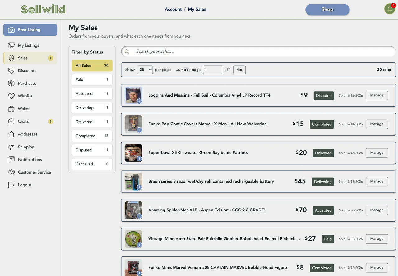 My Sales: the status list on the left and one row per order, each with its status and a Manage button