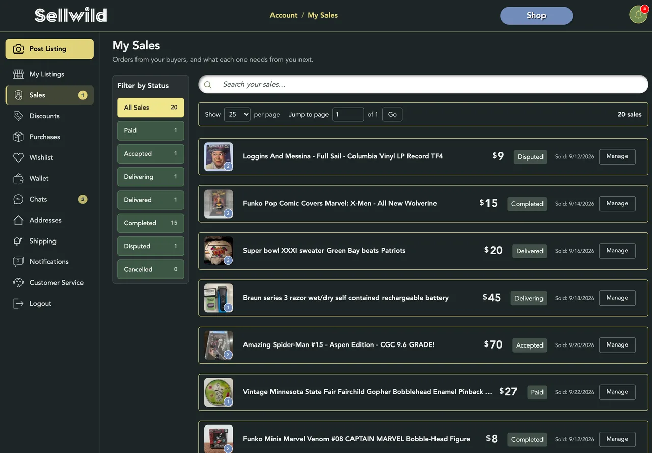My Sales: the status list on the left and one row per order, each with its status and a Manage button