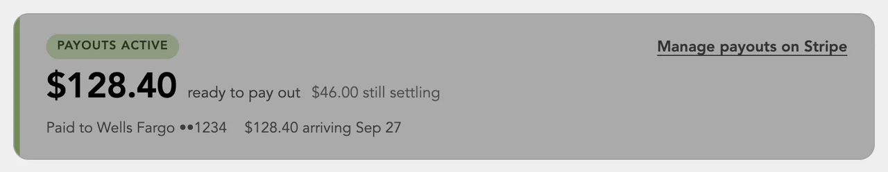 Payouts active: $128.40 ready, $46.00 settling, Wells Fargo ••1234