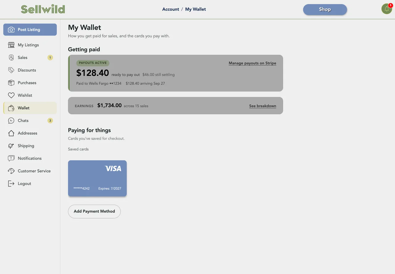My Wallet with the balance, the Earnings line and a saved Visa