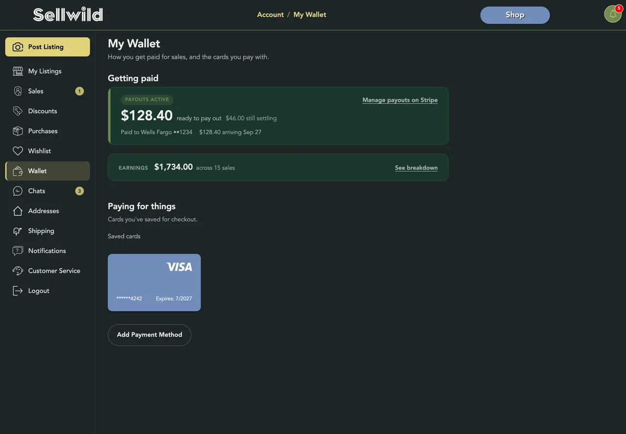 My Wallet with the balance, the Earnings line and a saved Visa
