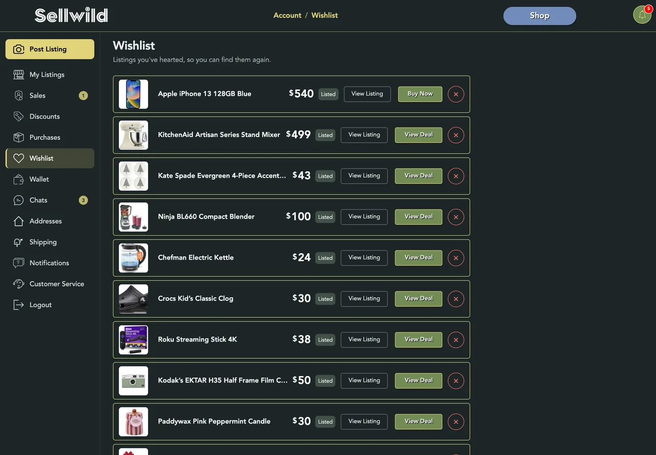 The Wishlist page with several saved items