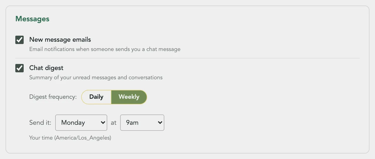 The Messages section with Chat digest on, Weekly picked, and Send it: Monday at 9am