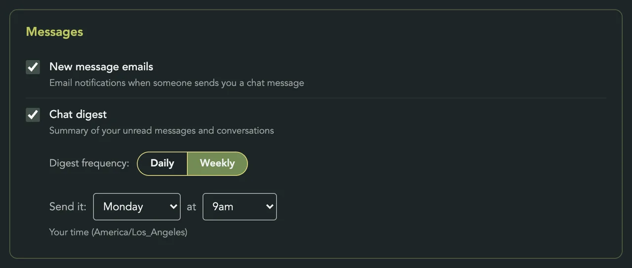 The Messages section with Chat digest on, Weekly picked, and Send it: Monday at 9am