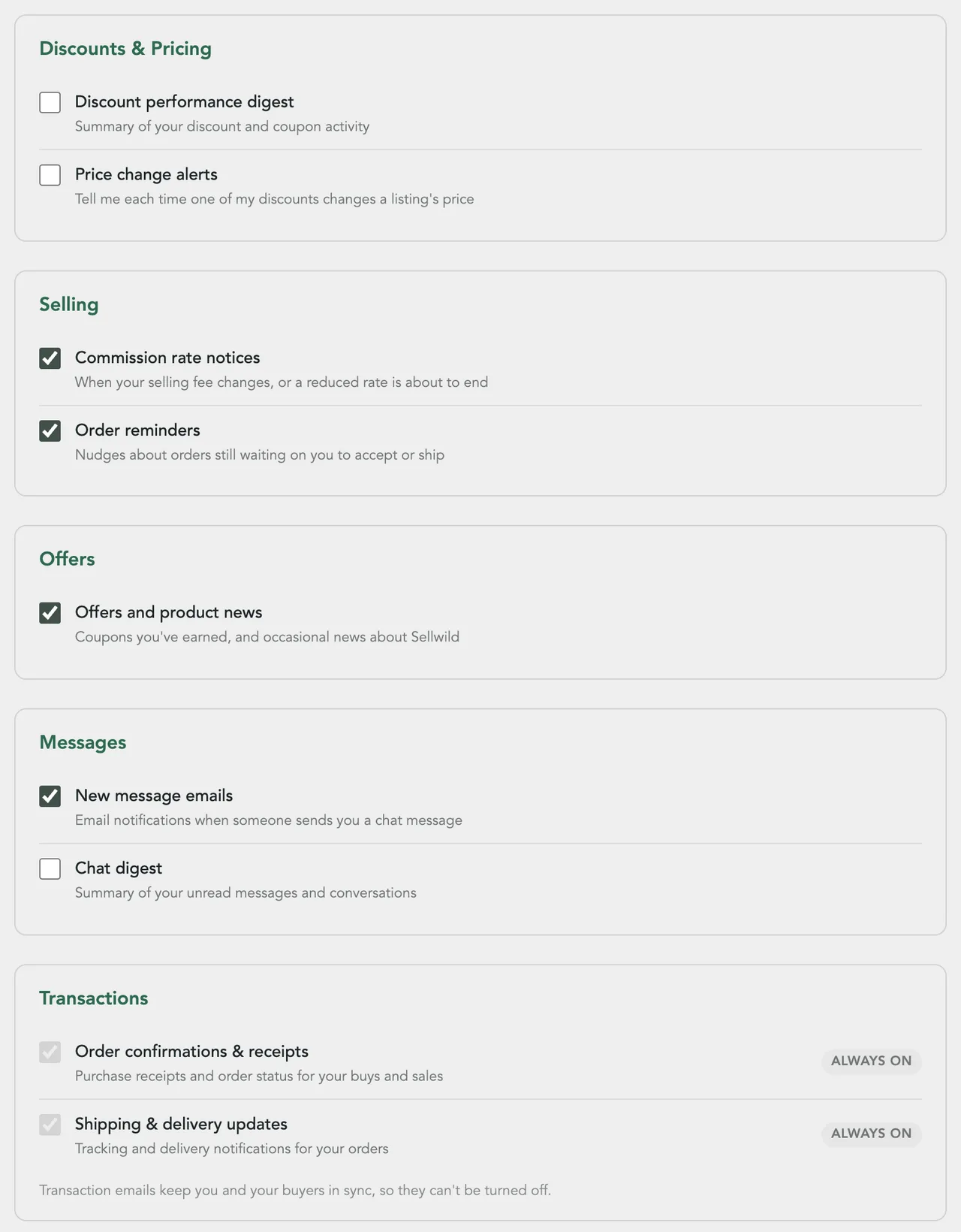 Notification Preferences with the Discounts & Pricing, Selling, Offers, Messages and Transactions sections