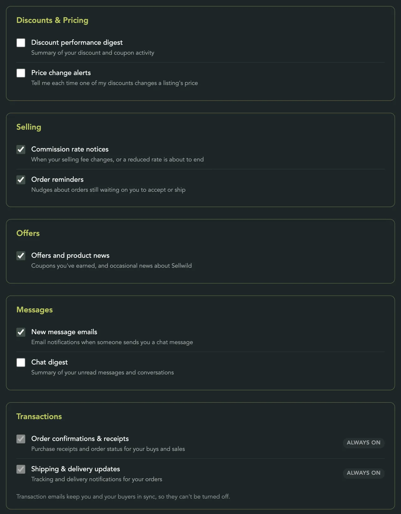 Notification Preferences with the Discounts & Pricing, Selling, Offers, Messages and Transactions sections