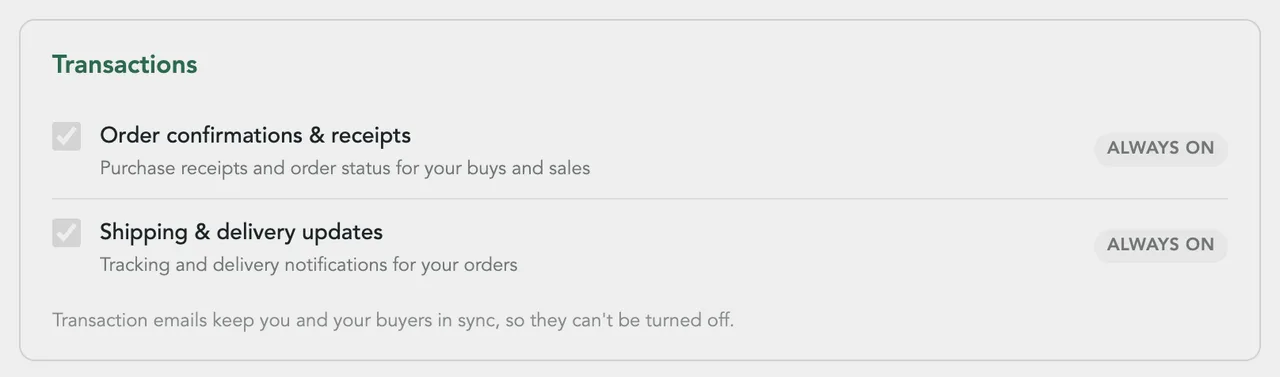 The Transactions section: Order confirmations & receipts and Shipping & delivery updates, both marked Always on