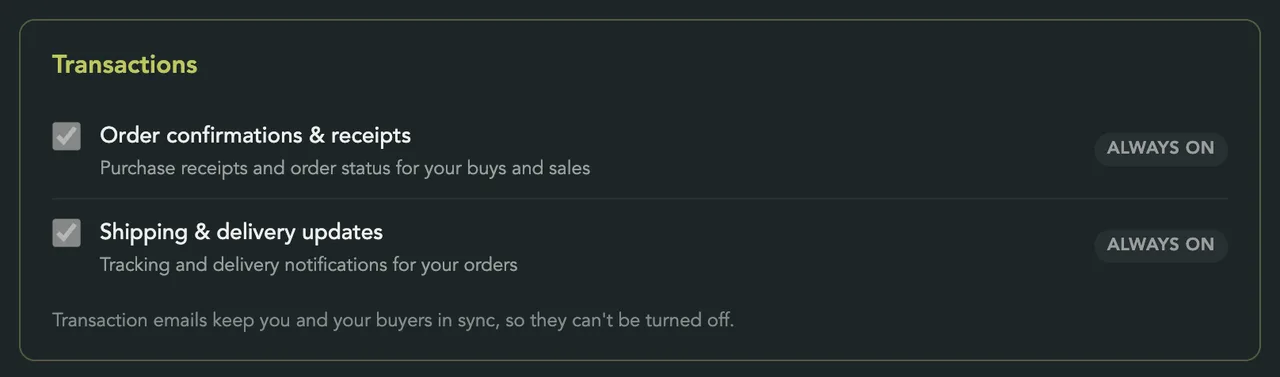 The Transactions section: Order confirmations & receipts and Shipping & delivery updates, both marked Always on