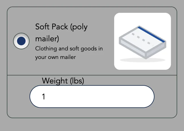 Soft Pack (poly mailer) added as a card, chosen, with its Weight (lbs) field