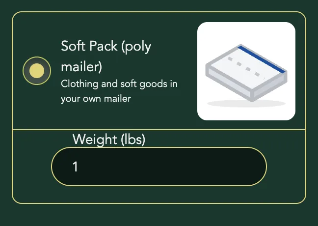 Soft Pack (poly mailer) added as a card, chosen, with its Weight (lbs) field