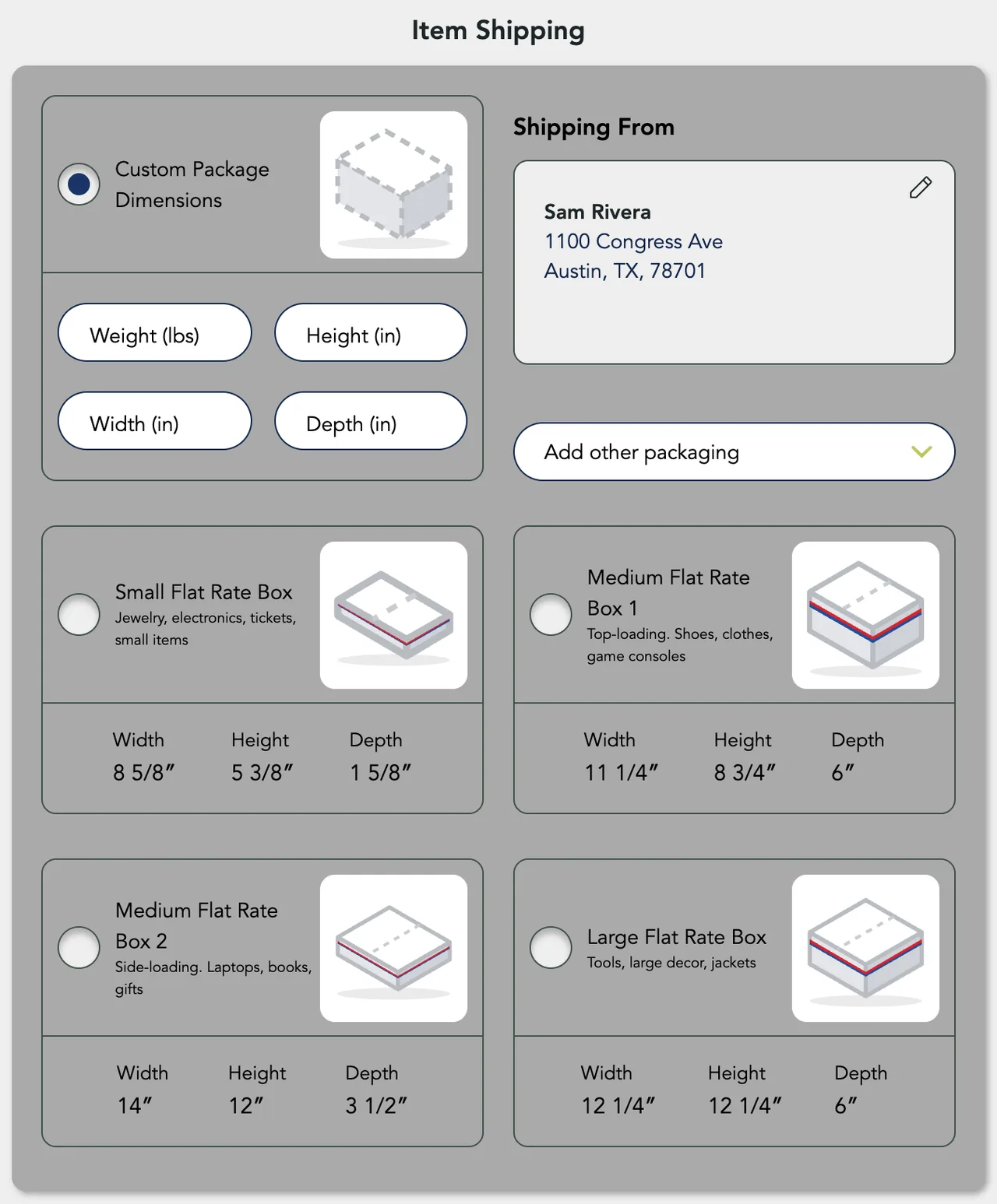 Item Shipping: Custom Package Dimensions, the Shipping From address, and the four Flat Rate box cards