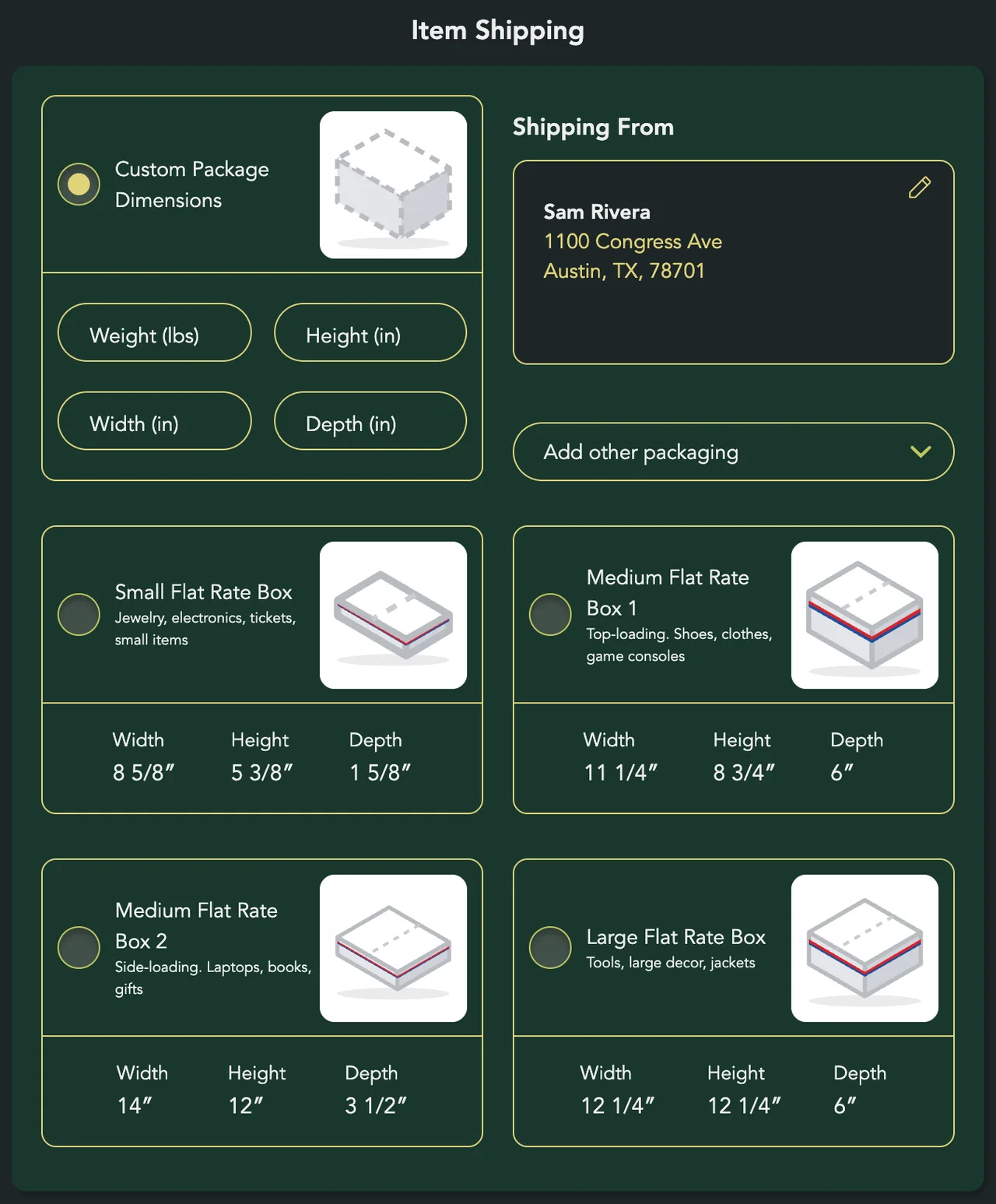 Item Shipping: Custom Package Dimensions, the Shipping From address, and the four Flat Rate box cards